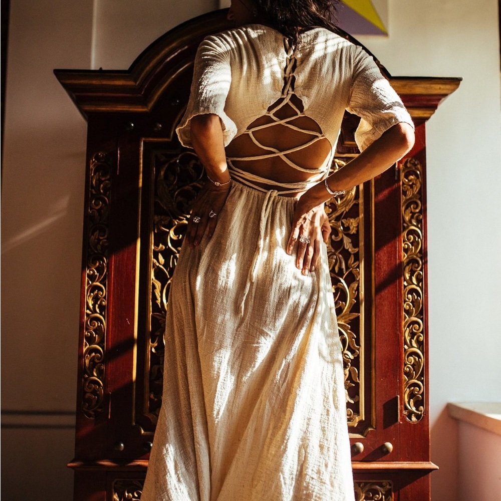 Boho lace up backless Cristal de Floresta Cotton Cream dress by aya sacred wear